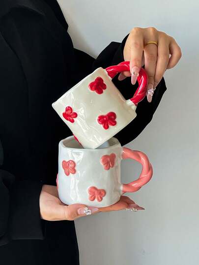 1pc Bow Decor Thick Coffee Mug, European Style Embossed Ceramic Cup, Mug, Water Cup, Afternoon Tea Cup, Home Breakfast Milk Cup, Juice Cup, Coffee Cup, Water Cup, Gift Cup, Drinkware