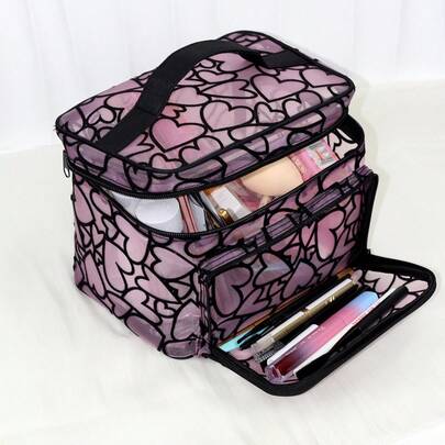 Minimalist Fashion Mesh Heart Flocked Makeup Bag, Large Capacity Multi-Functional Organizer Pouch, Compartment Storage Bag, Convenient Handheld Toiletry Bag, Suitable For Daily Use And Travel