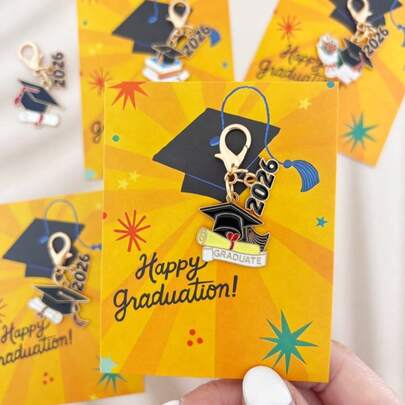 2026届毕业典礼礼物套装（10件/5套），金色合金多款式毕业帽、鲜花、证书钥匙扣套装，含励志贺卡 - 龙虾扣，耐用锌合金材质 | 适合学生、上班族、朋友 | 生日、圣诞节、感恩节/毕业季送给闺蜜的礼物