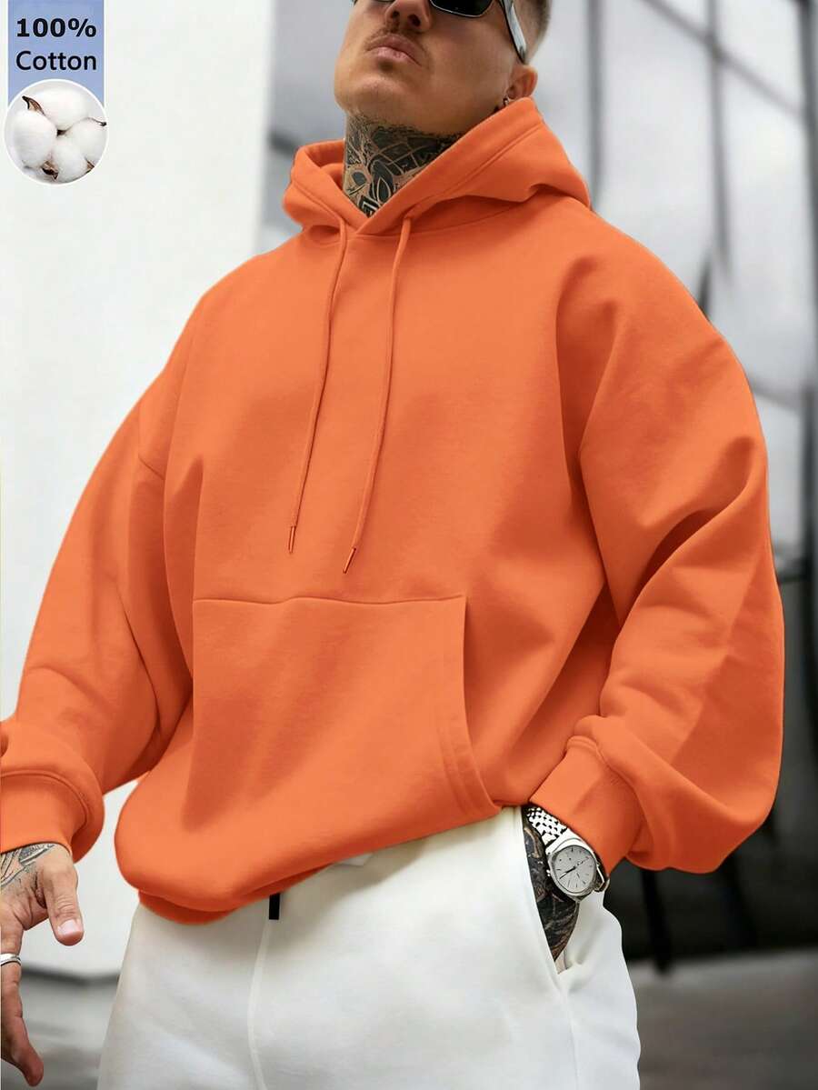 Men's Hooded Sweatshirt With Pockets, Soft Breathable Drop Shoulder Long Sleeve Lightweight Top, Suitable For Spring And Autumn - Light Orange - View 1