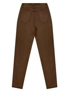 Pantaloni skinny da donna in ecopelle vita alta, colore unito con chiusura lampo, bottone e tasche - Castano - Visualizzare 4