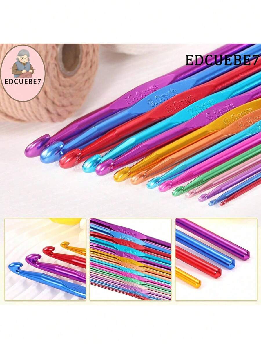 EDCUEBE7 12/14 件彩色铝制钩针，2 毫米 - 8 毫米高品质编织针工具套装，适合初学者、钩针编织者和针织者（颜色随机） - 彩色 - 查看 1