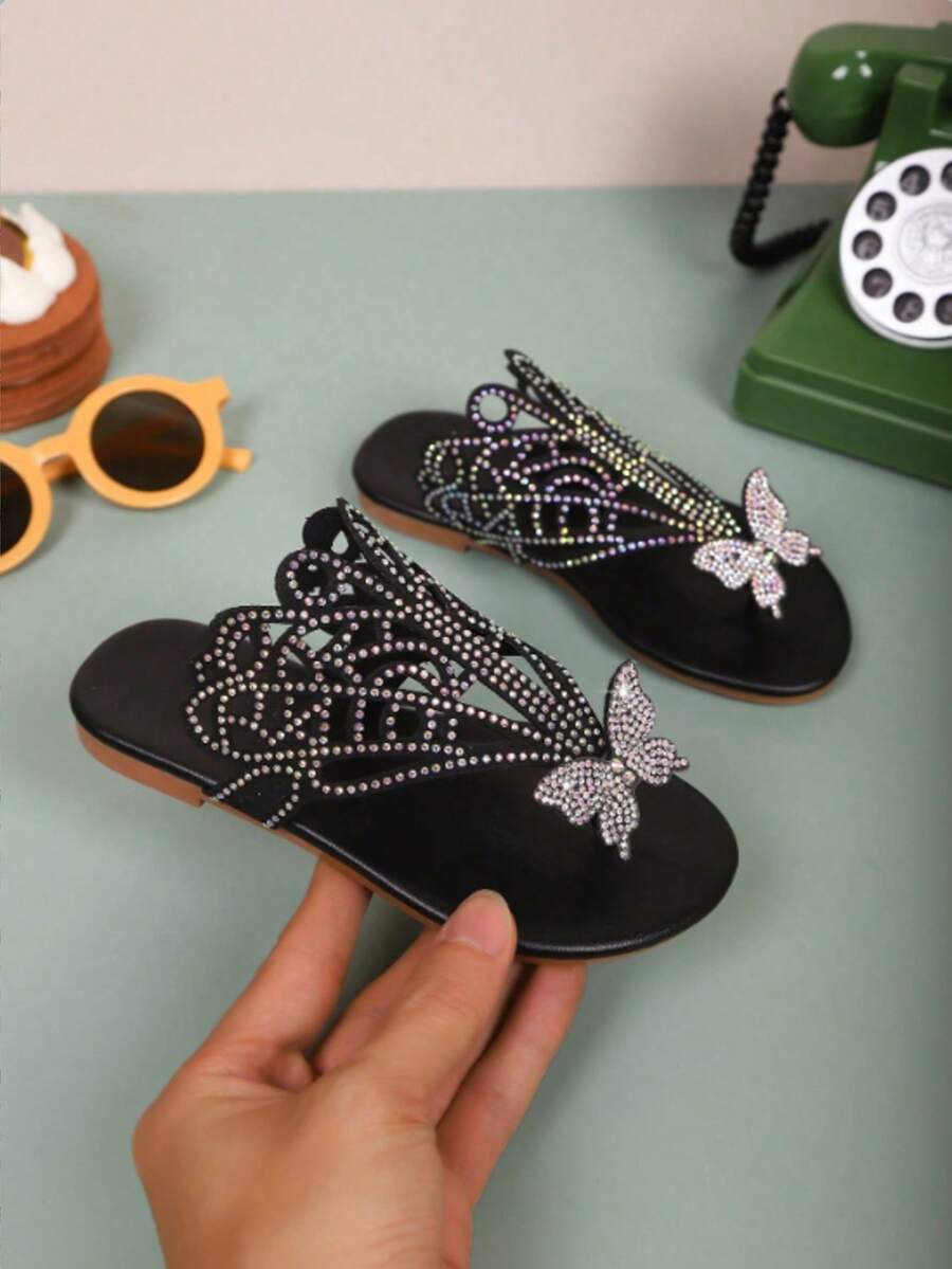 Sandal Jepit Berongga Kupu-kupu Kristal Hitam Mode Musim Panas 2026, Sandal Jepit Nyaman - Hitam - View 1