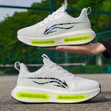 1 Pair Men's Cushioned Running Shoes, Lace-Up Lightning Pattern Mesh Breathable Low-Top Casual Sports Sneakers - White-green - View 3