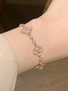 1 件优雅玫瑰金粉色珐琅四叶草花朵可调节手链，镶嵌透明立方氧化锆，女士派对礼物 - 金色 - 查看 6