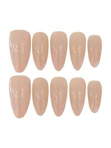 10 piezas de uñas postizas minimalistas desnudas hechas a mano, uñas acrílicas falsas ovaladas largas de color rosa transparente brillante, perfectas para uso diario y novia de boda, con pegamento de gelatina y lima de uñas, suministros de arte de uñas DIY - Champán - Ver 5