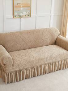 1pc Jacquard Leaf Pattern Elastic Skirt Sofa Cover, Minimalist Nordic Modern Dust-Proof Thick Soft Sofa Slipcover, Skirt Design Sofa Home Protective Cover, Suitable For 1/2/3/4 Seater Sofa, Suitable For Living Room, Bedroom, Hotel - Camel - View 6
