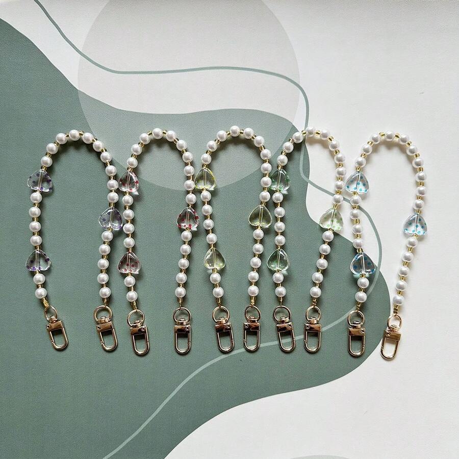 Fashionable Polka Dot Transparent Heart-Shaped Phone Lanyard, Handmade Faux Pearl Glass Bead Phone Charm, Valentine's Day Gift