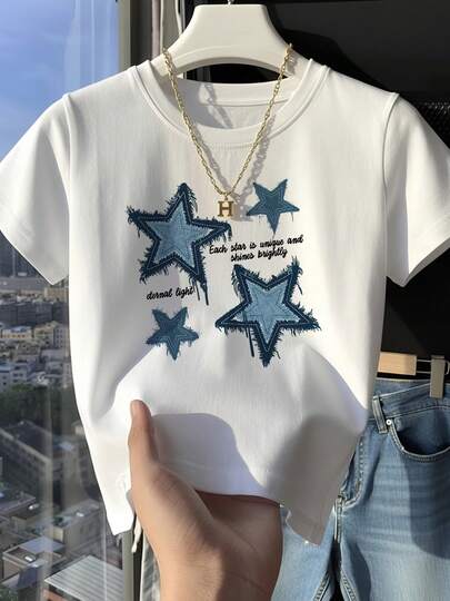 Star Print Short Sleeve T-Shirt, Women Loose Casual Versatile Top With Star & Letter Print Round Neck T-Shirt, Student Slouchy Casual Denim Star Print Short Sleeve T-Shirt, Women Leisure Versatile Top