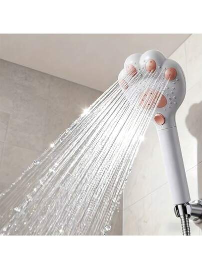 1. 可调节手持花洒，爪形设计，3档按摩速度，适用于浴室，可壁挂或悬挂，塑料材质，仅限淋浴时使用。