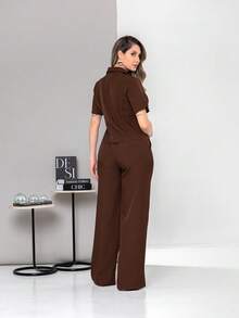 New Tailored Blouse And Wide-Leg Trousers Set With Working Buttons C6606 - Coffee Brown - View 4
