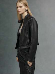 Giolshon Risissida 秋冬女士机车夹克 - 拉链设计，打造前卫街头风叠穿造型 - 黑色 - 查看 5