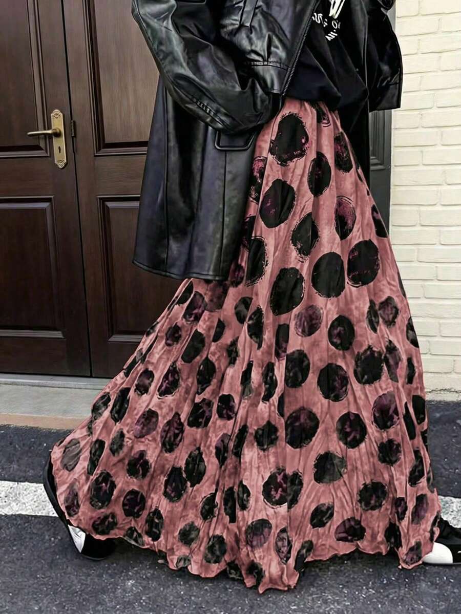 EARO 女士长款波点半身裙，松紧腰，休闲无弹面料，适合日常穿着及夏季度假穿着 - 紅黑色 - 查看 1