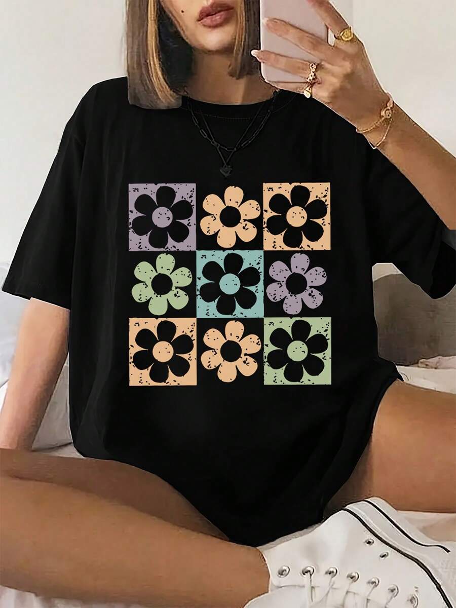 Oversized T-Shirt With Bright Floral Pattern, Comfortable Short-Sleeved Round Neck T-Shirt For Summer And Spring Seasons, A Versatile Top For Women-X