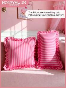 Honeymoon 1pc Printed Cushion Cover With Ruffles-Polyester Brushed Fabric Stripes Print Pattern, Soft And Breathable, Wrinkle Resistant, Pillowcase Without Filler-T F Q K Size For Home And Dorm, Oeko-Tex Certified - Multicolor - View 2