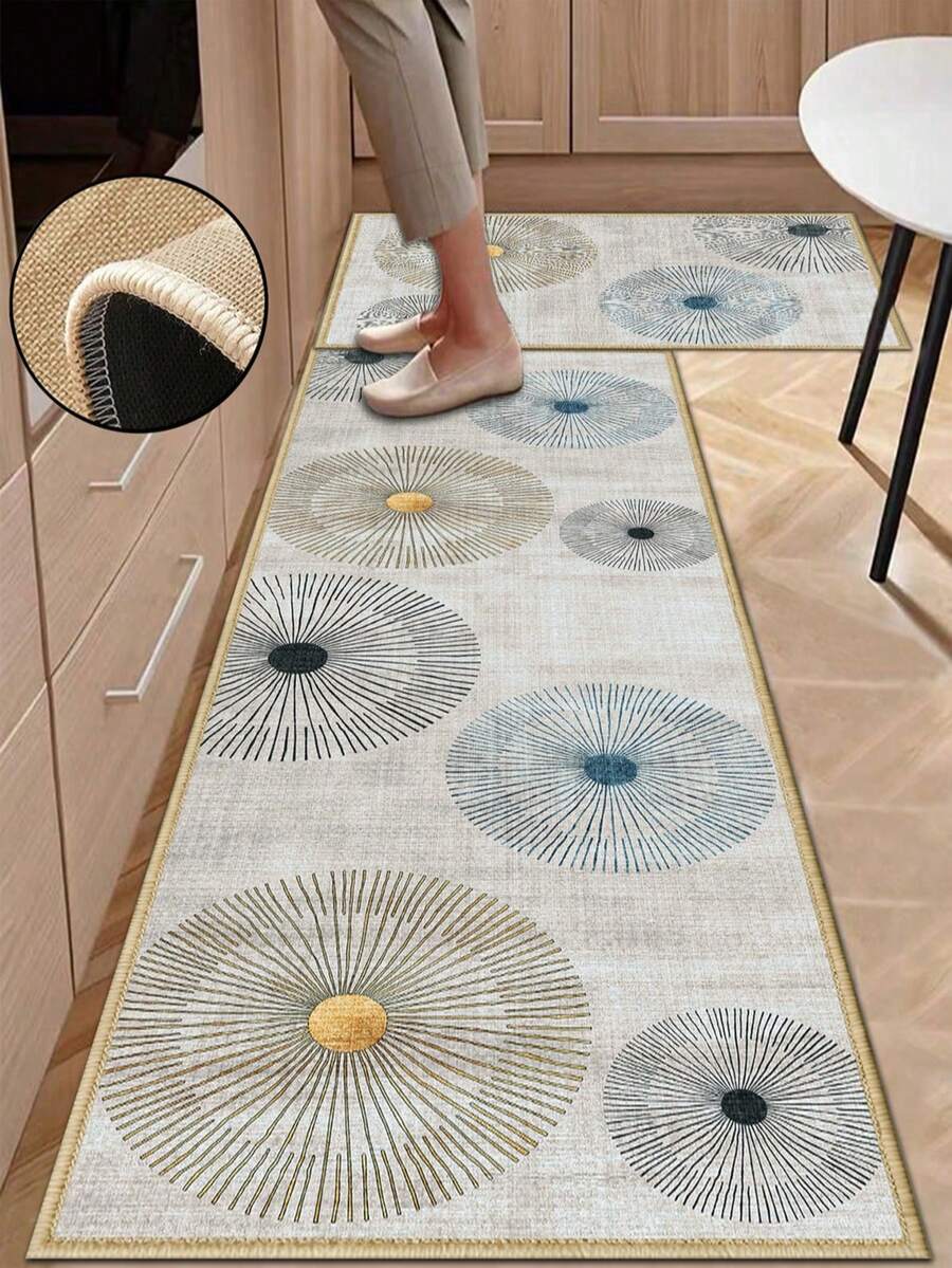 1pc Soft Rubber Linen Kitchen Mat, 3.5mm Thick Kitchen Rug, Minimalist Luxury Modern Style Light Gray Base With Yellow And Blue Dandelion Pattern Kitchen Absorbent Mat, Edged Carpet To Prevent Peeling, Water-Absorbent And Easy To Clean Mat, Linen Surface, Foam Middle Layer, Rubber Bottom, Suitable For Kitchen Rugs, Kitchen Decor, Wedding Decor, Home Decor, Bathroom Mats, Entryway Mats, Laundry Room Mats, Hallway Carpets, Living Room Mats, Etc. - Multicolor - View 1