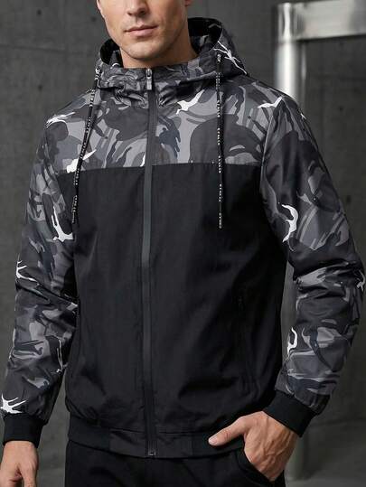 1pc Men's Black & Gray Camouflage Patchwork Hooded Jacket, Drawstring Adjustable Hood, Zipper Pockets Design, Casual Sports Style, Machine Washable, Suitable For Outdoor, Hiking, Cycling, Climbing, Running, Casual Wear