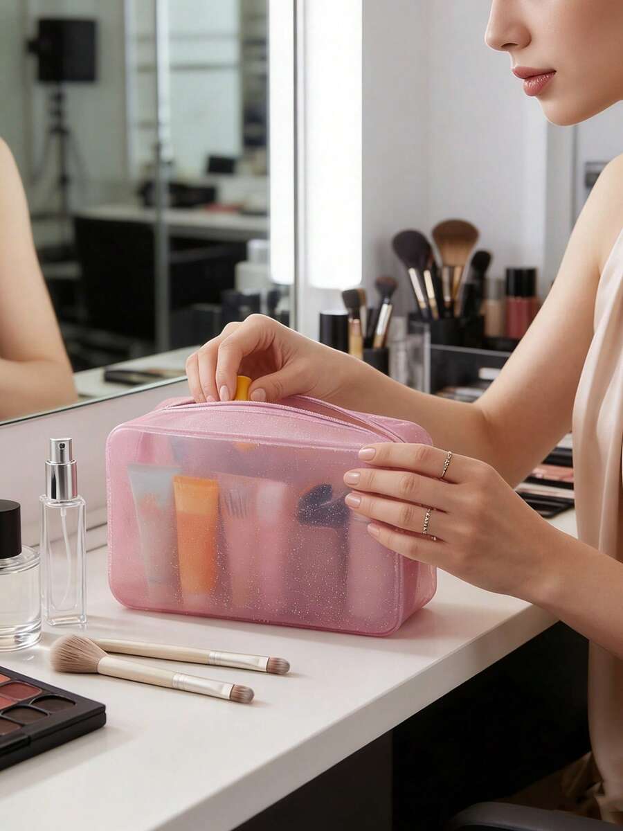 MIYIN 1个PVC透明化妆包，旅行化妆包，化妆刷收纳袋，洗漱包，沙滩包，化妆品收纳整理包，旅行化妆品整理包，带拉链礼品袋，指甲油袋 - 粉色 - 查看 1