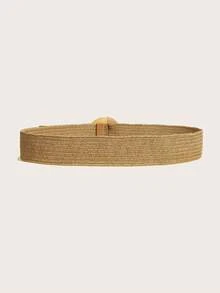 Wide Straw Woven Belt For Women, Wooden Buckle Waist Band, Beige, Casual Chic For Spring/Summer Outings, Daily Wear, Vacation, Versatile Dress Accessory - Khaki - View 3