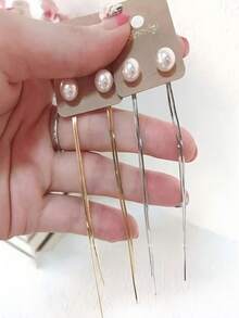 1 Pair Silver/Gold Faux Pearl Earrings, Sparkling Long Tassel Earrings, Bridal Party Jewelry, Wedding Gift, Suitable For Wedding Reception, Church Ceremony, Bridal Look, Anniversary - Multicolor - View 6