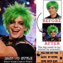 活力绿色短款凌乱直发动漫角色扮演假发，带刘海，男女皆宜，朋克摇滚风格，蓬松层次剪裁，耐热合成纤维，带刘海，多功能角色扮演假发，适合节日、圣帕特里克节、派对、音乐节和舞台表演——均码，易于佩戴和造型——适合大多数人 - 綠色 - 查看 9