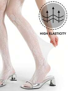 镂空花卉网纱长筒袜，甜美透明白色蕾丝连裤袜，春夏紧身裤 - 彩色 - 查看 3