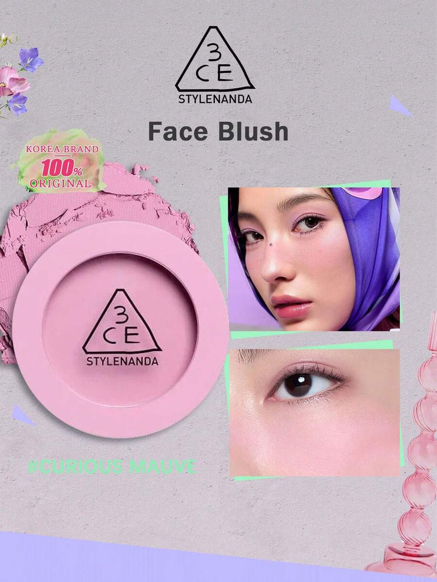 3CE 5.5g/0.19oz Curious Purple Blush, Ultra-Fine Soft Powder, Natural Flushed Makeup, Long-Lasting Oil Control, Smooth Buildable Formula, Suitable For Beginners, Korean Cosmetics