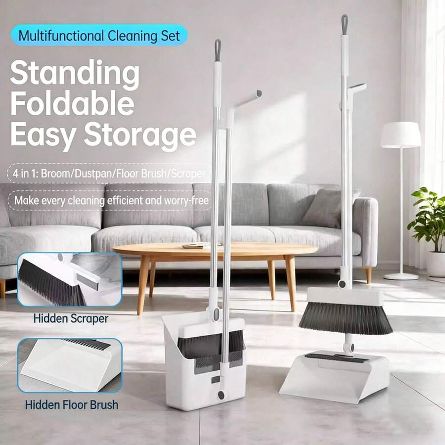 3-In-1 Magnetic Broom With Dustpan Combo Set, Broom And Dustpan Set With Silicone Broom, Upright Standing Dustpan Self-Cleaning Teeth For Home, Kitchen, Office, Hall Floor, Pet Hair - Bộ mở rộng 4 trong 1 màu xám [tay gạt 6 đoạn + 4 ống tay] - Xem 1