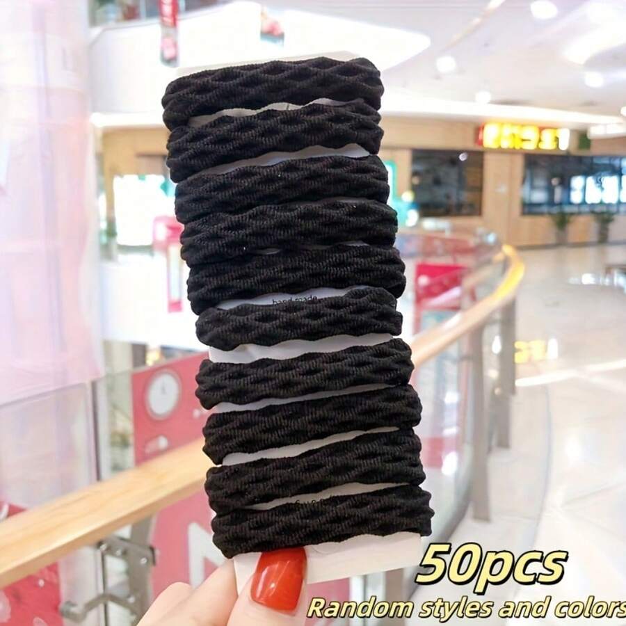 50 Seamless Elastic Hair Ties - Suitable For Thick, Curly Hair, Featuring High Elasticity And No Marks. The Colors Are Randomly Selected, With Multiple Options Available (Pink, Blue, Yellow, Red, Black, Gray - 50pcs Black - 查看 1