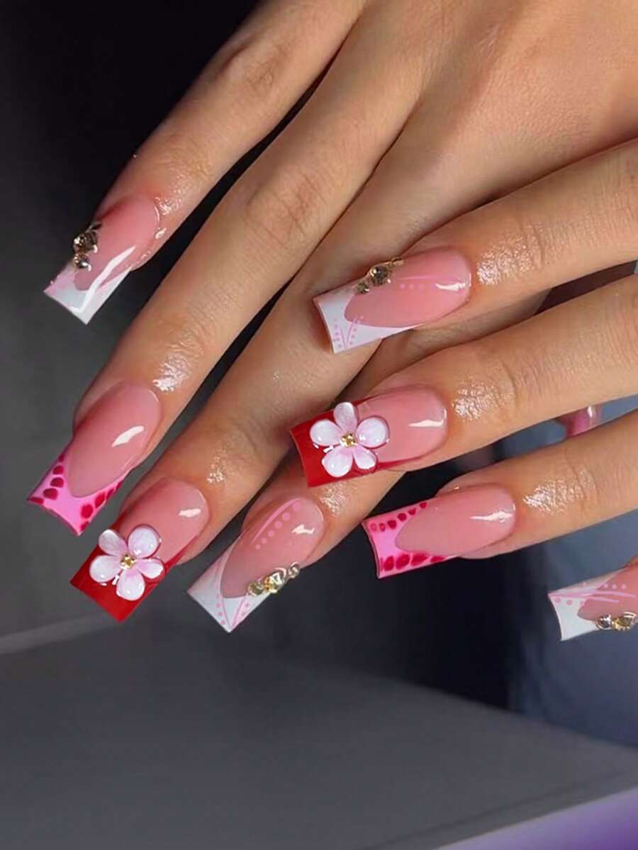 Bộ 24 miếng dán móng tay 3D họa tiết hoa, kèm 1 keo dán và 1 dũa móng, kiểu dáng vuông vức với hạt kim loại nhỏ, phù hợp với móng tay cỡ trung bình, dễ dán, thích hợp cho phụ nữ đi làm hàng ngày, dự tiệc và các dịp khác. - Nhiều màu - Xem 1