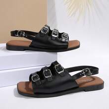 Dép xăng đan đế bằng mềm mại cho nữ, quai liền có khóa cài, kiểu La Mã, thích hợp cho mùa hè, dép đi biển cao cấp kiểu Pháp hở mũi đính đá. - màu đen - Xem 6