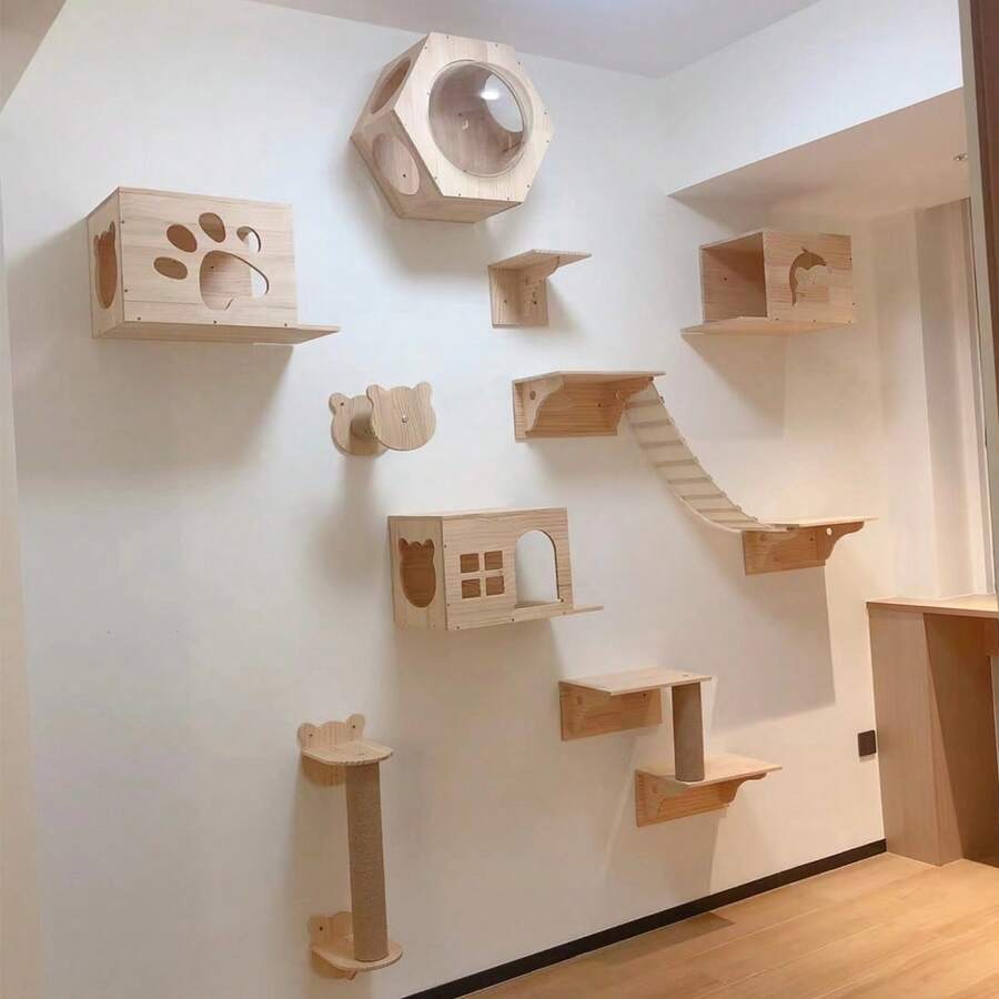 Árbol de pared para gatos con escalera suspendida, mueble torre para gatos resistente para jugar, trepar y dormir, carga máxima 12kg (26 lbs)