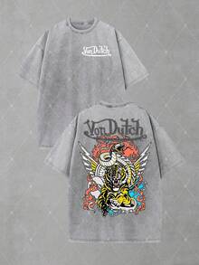 Van Dutch Tiger Snake Wings Flame Distressed Oversized Graphic Tee Men's Short Sleeve Pure Cotton T-Shirt Loose Fit, Gothic Streetwear Tattoo Retro Aesthetic Baggy 100% Cotton Pullover Gift - Xám - Xem 1
