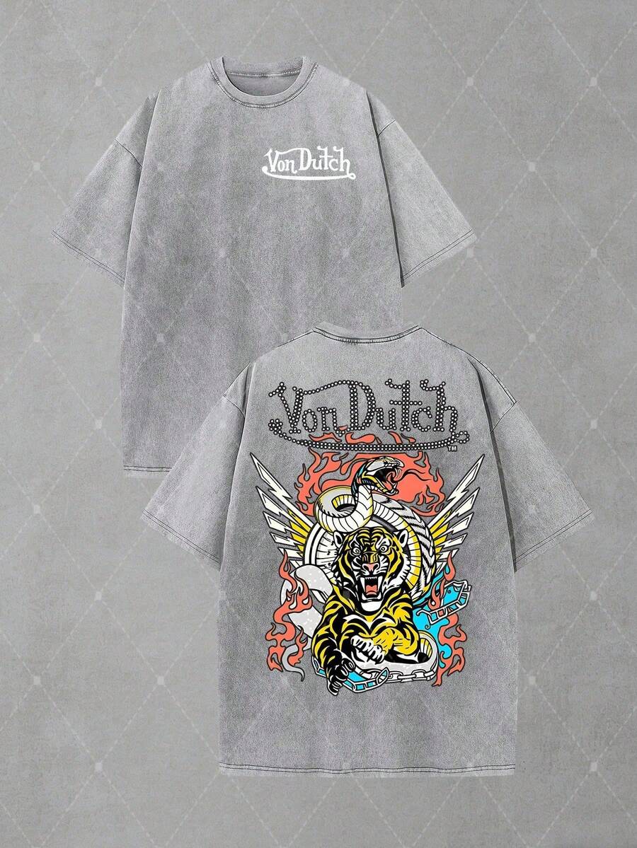 Van Dutch Tiger Snake Wings Flame Distressed Oversized Graphic Tee Men's Short Sleeve Pure Cotton T-Shirt Loose Fit, Gothic Streetwear Tattoo Retro Aesthetic Baggy 100% Cotton Pullover Gift - Xám - Xem 1