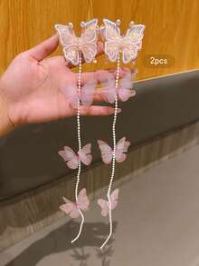 2pcs Pink Butterfly Tassel Hair Clips, Sweet Style Hair Accessories Suitable For Daily Use - Multicolor - View 5