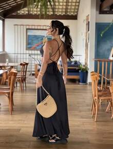 Long Dress With Open Back And Elegant Tie Detail - Casual, Suitable For Day And Night Parties. - 黑色 - 查看 2