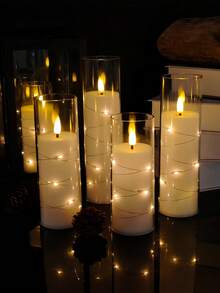 2/3/5pcs Flickering Flameless Candles, LED Pillar Candles With Built-In LED String Lights, Acrylic Material, With Remote Control, Suitable For Tabletop Decor, Christmas, Halloween, Valentine's Day, Wedding, Party, Holiday Atmosphere Decoration - Transparent - View 4