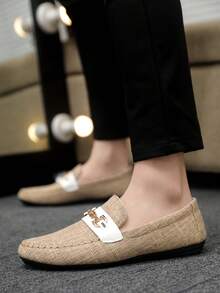 大码新款男士透气乐福鞋，韩版时尚一脚蹬老北京布鞋，休闲驾车鞋，宽松款式 - 卡其色 - 查看 4