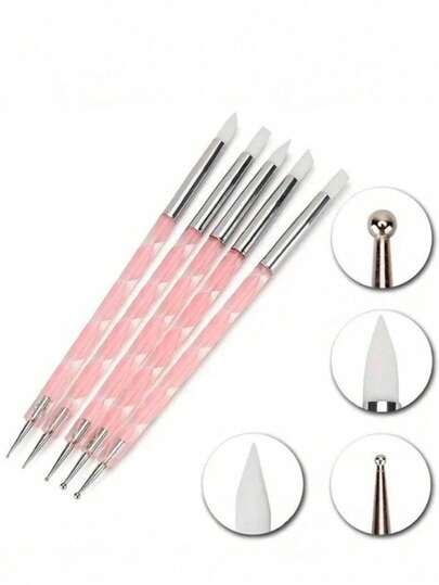 5pcs Double-Ended Nail Art Silicone Pens, Acrylic Silicone Dotting Pens, Stainless Steel Dotting Tools, Marble Pattern Painting Brushes