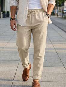 Men's Loose Linen Casual Pleated Straight Leg Pants, Breathable American Style For Spring & Summer - Khaki - View 4