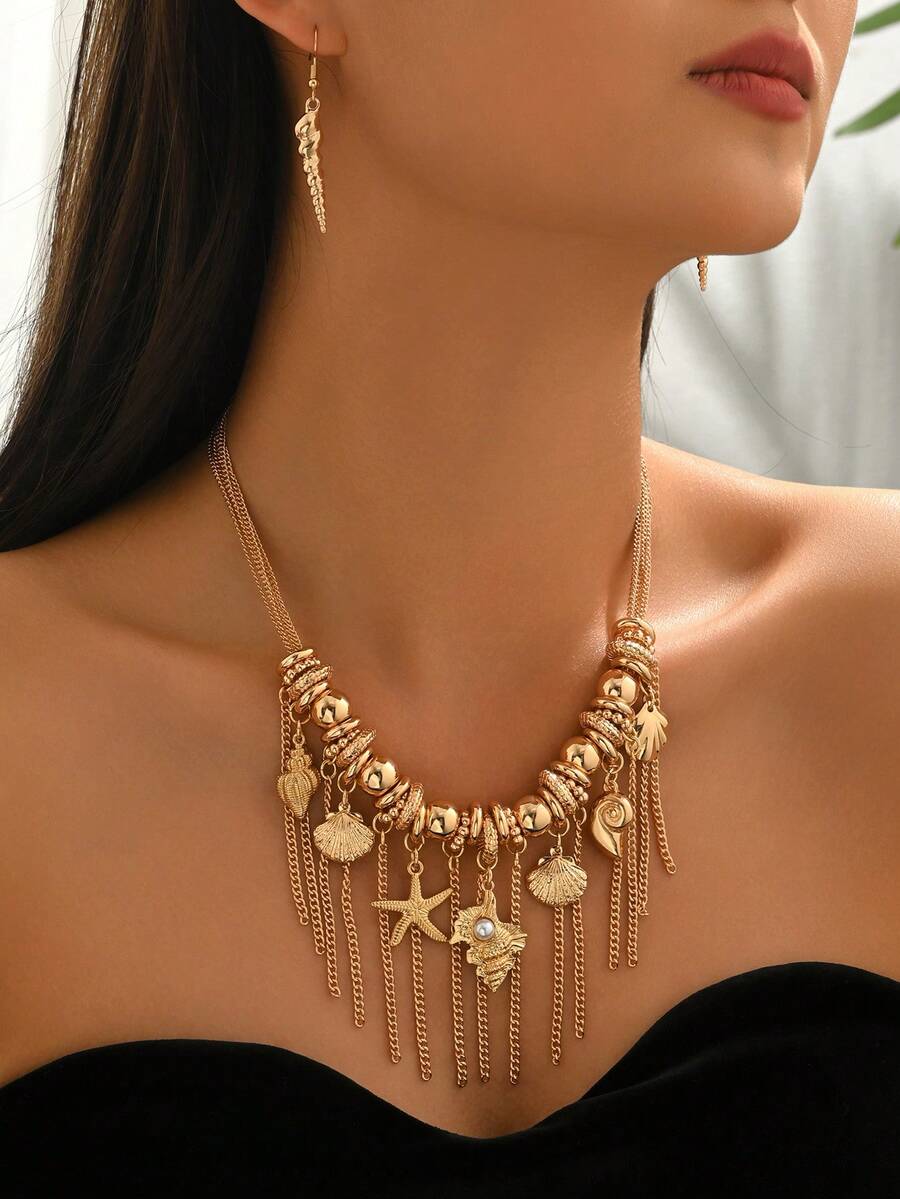 2pcs/Set Luxury Vacation Style Gold-Plated Alloy Starfish, Shell, Conch & Tassel Faux Pearl Necklace And Earrings Set, Suitable For Beach Party, Vacation, Commute, Elegant Jewelry