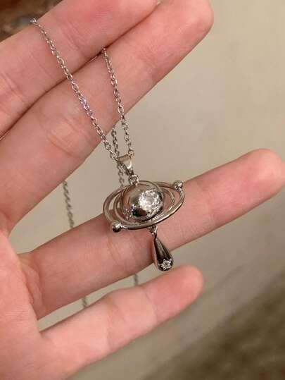 1 Fashionable And Popular Micro-Inlaid Full-Diamond Saturn Brooch Titanium Steel Necklace For Women, Light Luxury Design Sense Planet Clavicle Chain, Suitable For Wedding Parties And Daily Wear