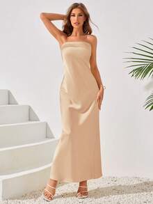 LOVE&LEMONADE Women's Solid Color Strapless Dress, Suitable For Daily Wear, Parties, Dates, Weddings, All Seasons Spring - Apricot Pink - View 2