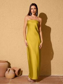 LOVE&LEMONADE Women's Solid Color Strapless Dress, Suitable For Daily Wear, Parties, Dates, Weddings Spring - Turmeric - View 3