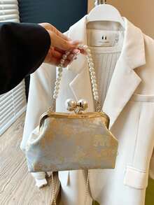 New Chinese Style Embroidered Pearl Handbag, Elegant Chain Shoulder Bag, Chic Women Clutch - Silver - View 6