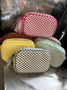 Wide Strap Small Woven Checkered Crossbody Bag For Womenl Cute PU Leather Purses Shoulder Handbags - 黑白格紋 - 查看 5