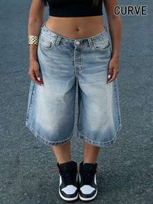 Plus Size Bermuda Shorts With Light Wash, Straight Leg Design With Pockets And Zipper, Creating A Fresh And Stylish Look Casual Summer - Light Wash - View 7