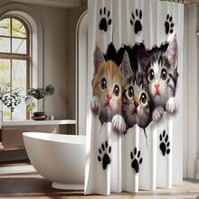 1pc Cute Cat Striped Print Shower Curtain, High Quality Home Decor Curtain, Modern Versatile Bathroom Matching, All Season Shower Curtain With 12 Hooks - S2163 - View 7