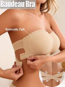 Women's Casual Comfortable Seamless Wireless Padded Bra, Crossover Wavy Trim, Adjustable Back, Minimalist Invisible Black Underwear Bra, Sexy Strapless Basic Lingerie - Apricot - View 1