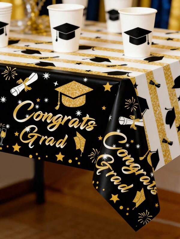 1件装黑色金色毕业典礼一次性PE桌布，尺寸220*130厘米，祝贺毕业桌布，2026届毕业派对用品，毕业派对装饰，毕业庆典装饰，毕业礼物，毕业季桌布，2026届毕业季装饰，家居装饰，厨房装饰，桌面装饰